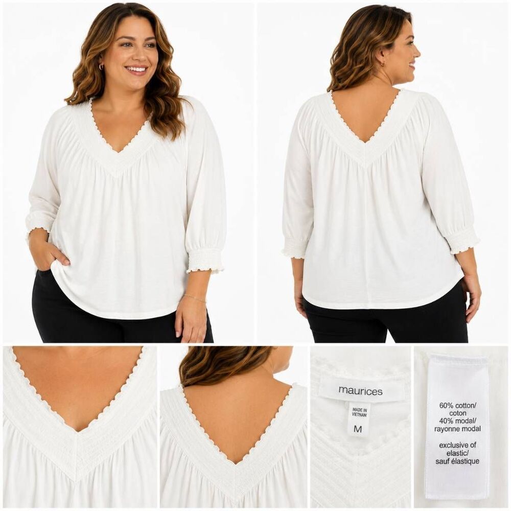 Maurices White Smocked Peasant Top Medium Boho 3/4 Sleeve